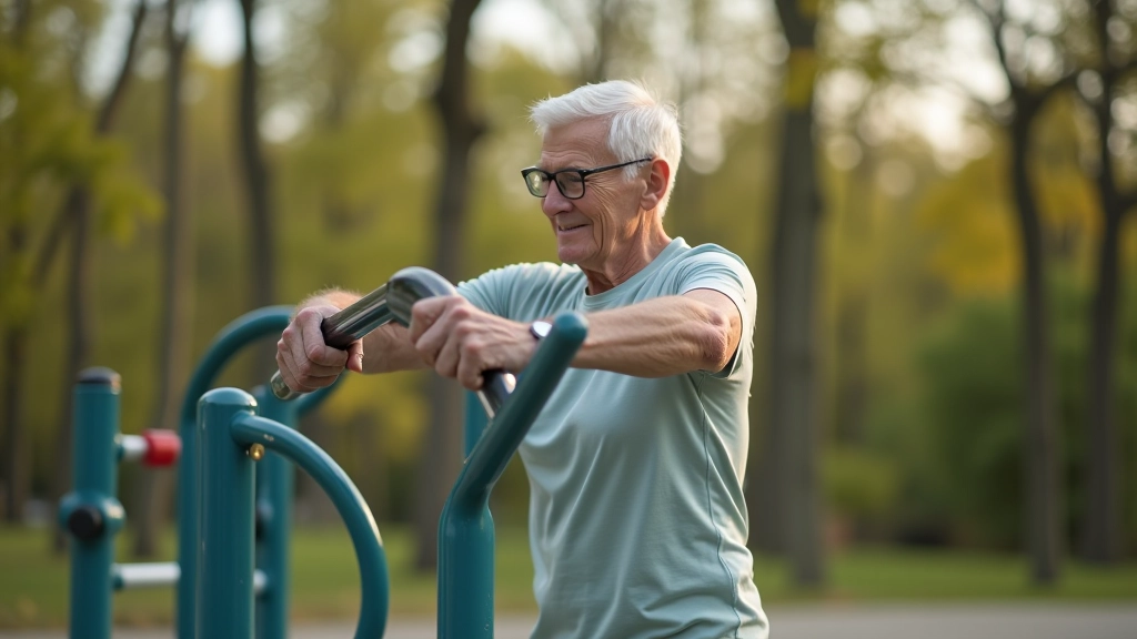 Parku sporta stacija ar metāla iekārtojumu, seniori trenējas ar aprīkojumu