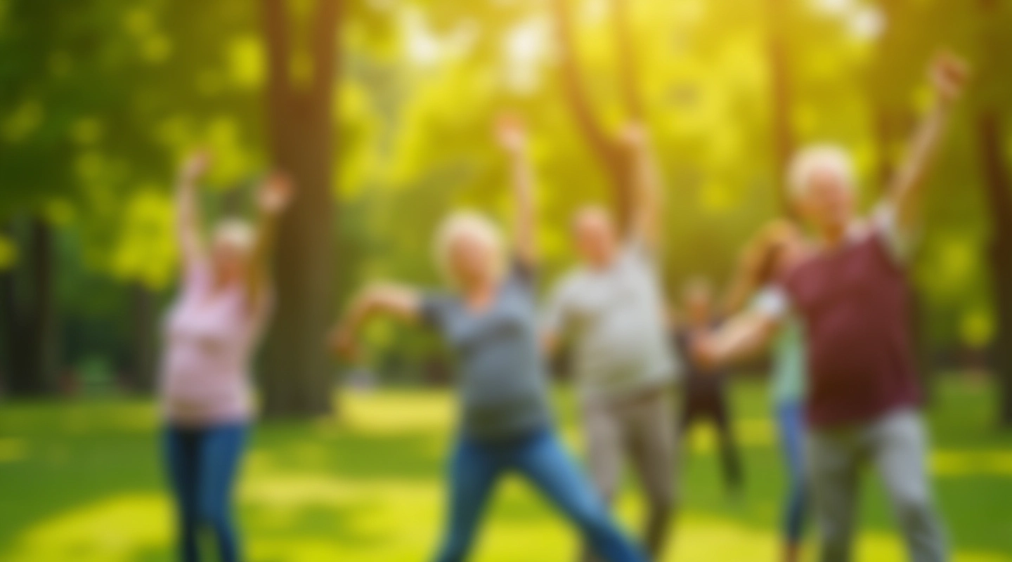 Seniori stiepjas parkā, saulainā rītā ar zaļiem kokiem fona