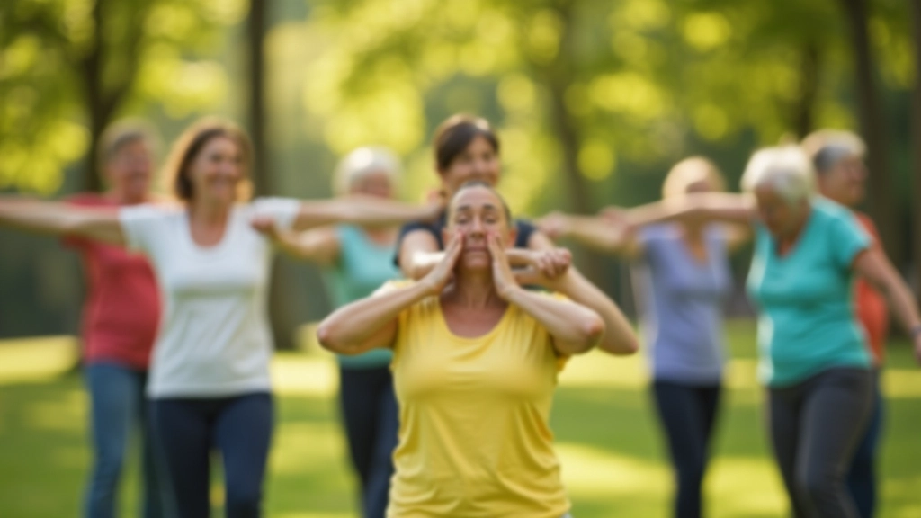 Seniori piedalās grupas nodarbībās parkā, daudzi cilvēki, sporta apģērbs, laimes izteiksme